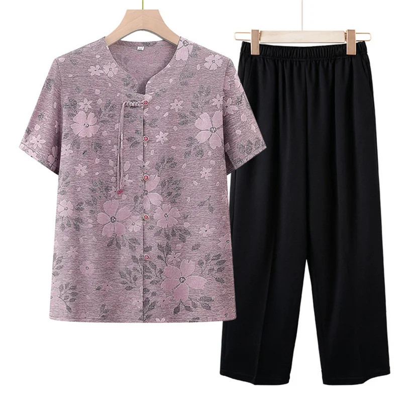 Elegant Women's Sets New Short Sleeve Trousers Suit Summer Middle Aged Mother Home Clothing Casual Two Piece Grandma Pajama image 4