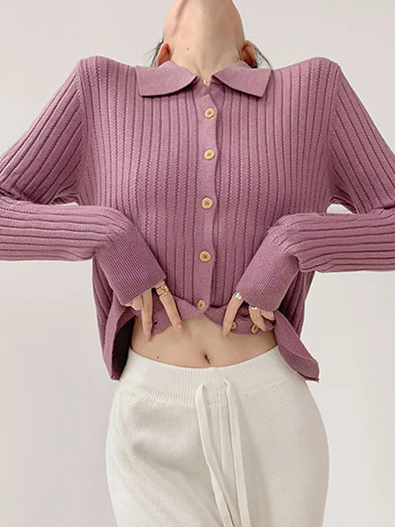 سترة نسائية كاجوال برقبة دائرية مفتوحة من الأمام وأكمام طويلة مزودة بأنبوب مستقيم بدون ديكور ملابس خارجية محبوكة #6