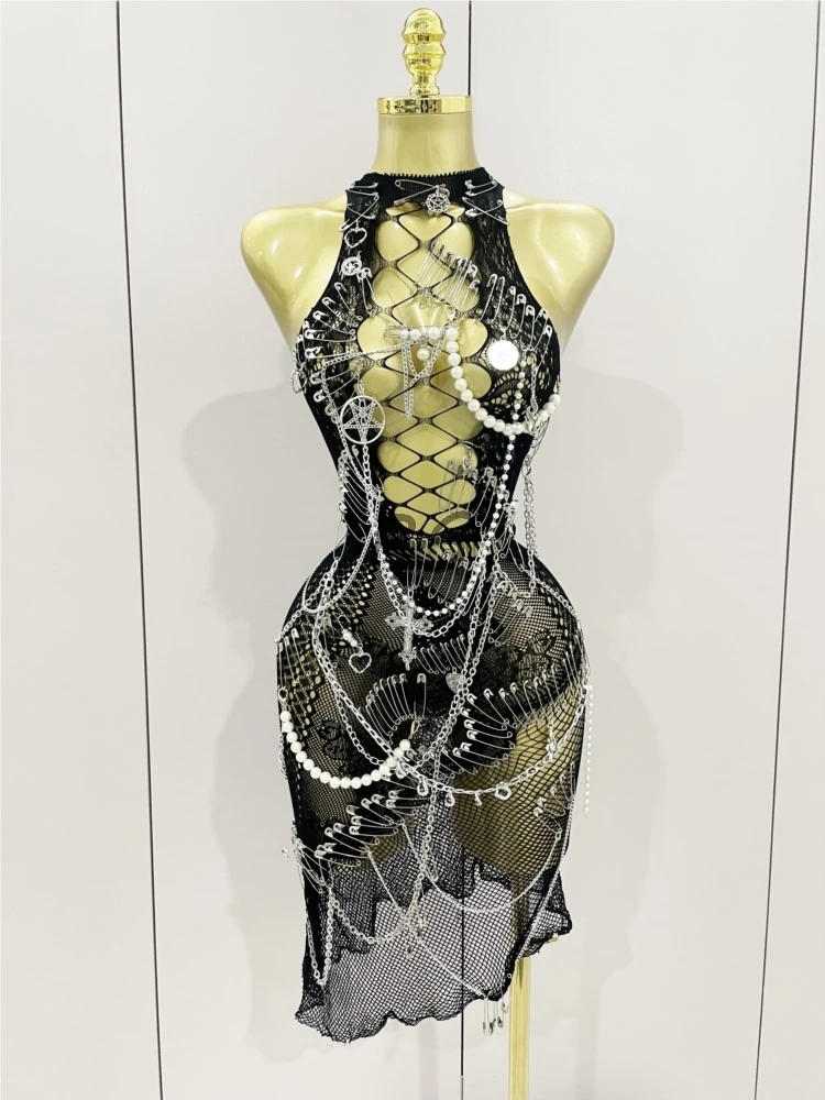 

2025 Women Sexy Black Chain Beading Short Dress Sequined Pearl Pin for Birthday Evening Party Nightclub Performance Costume