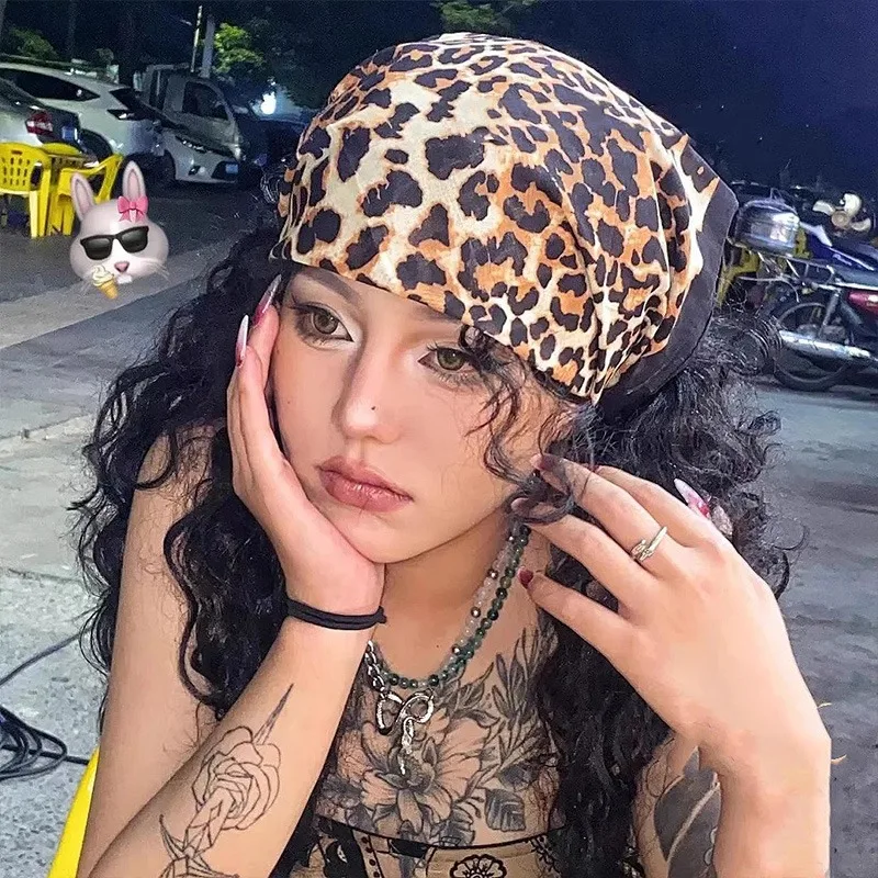 American Vintage Spicy Girl Leopard Print Headscarf Small Square Scarfs Women Y2K Headwear Female Neckerchief Hair Accessories