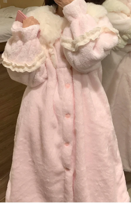 

Japanese Sweet Loungewear Fluffy Lapel Thickened Warm Coral Fleece Pajama Set Autumn Winter Princess Style Skirt Size M To 5XL
