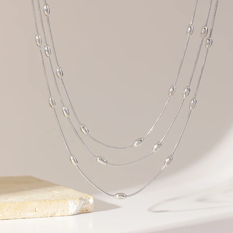 EILIECK 316L Edelstahl Mehrschichtiges Halsketten-Armband-Set für Damen, Trendiger Wasserdichter Silberfarbener Schmuck, Urlaubsgeschenk – Detail 15
