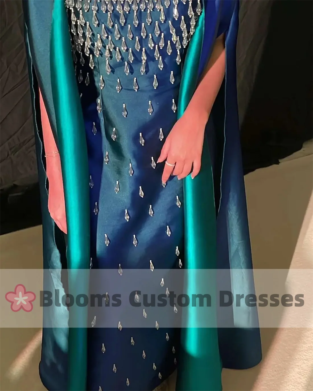 Blooms Contrast Color Satin Customized Evening Dress Crystal Formal Gown Luxury Prom Dress For Wedding robes invitée mariage