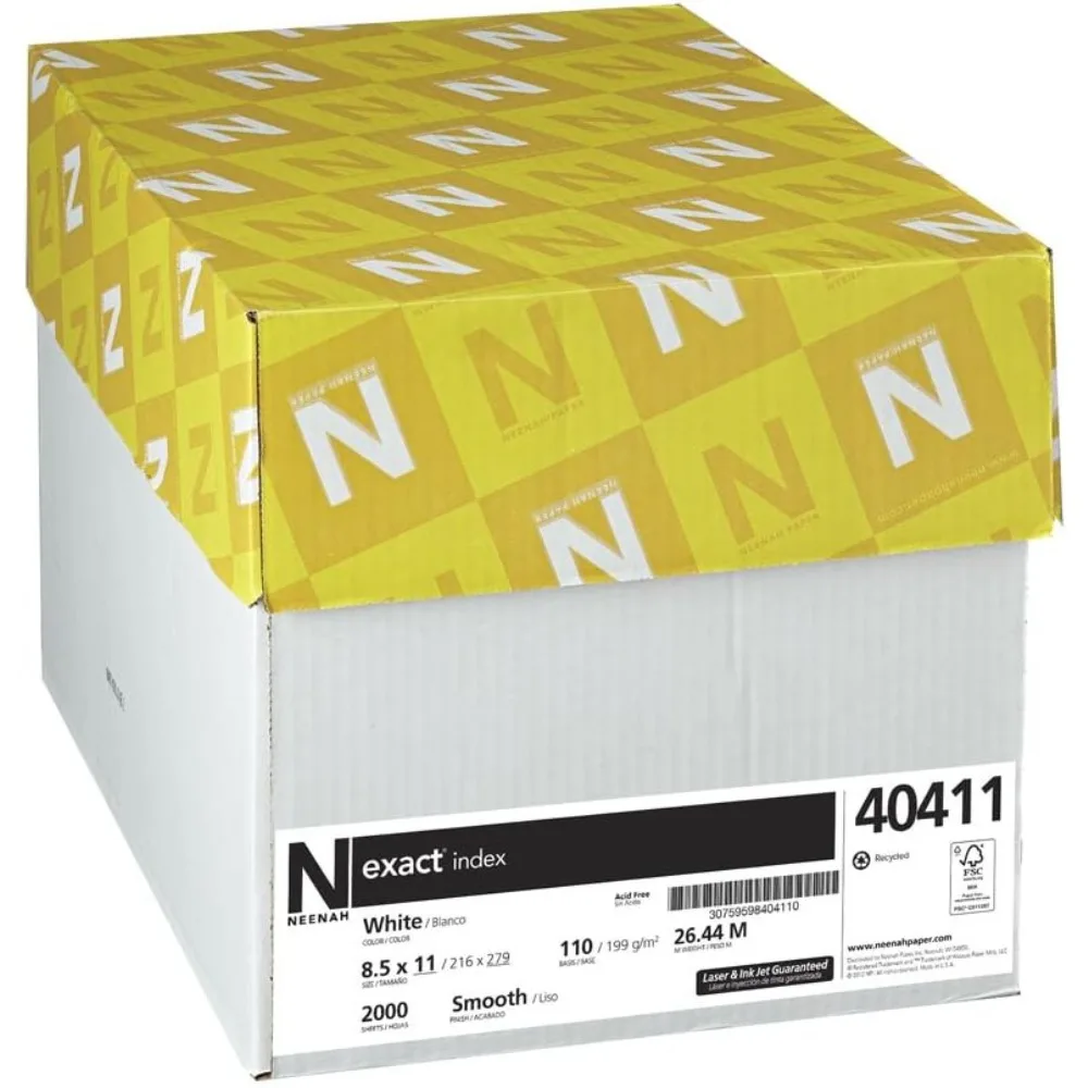 니나 정밀 인덱스 카드지, 8.5 x 11, 110 lbs/199 gsm, 밝은 흰색, 94% 밝기, 2000매 팩