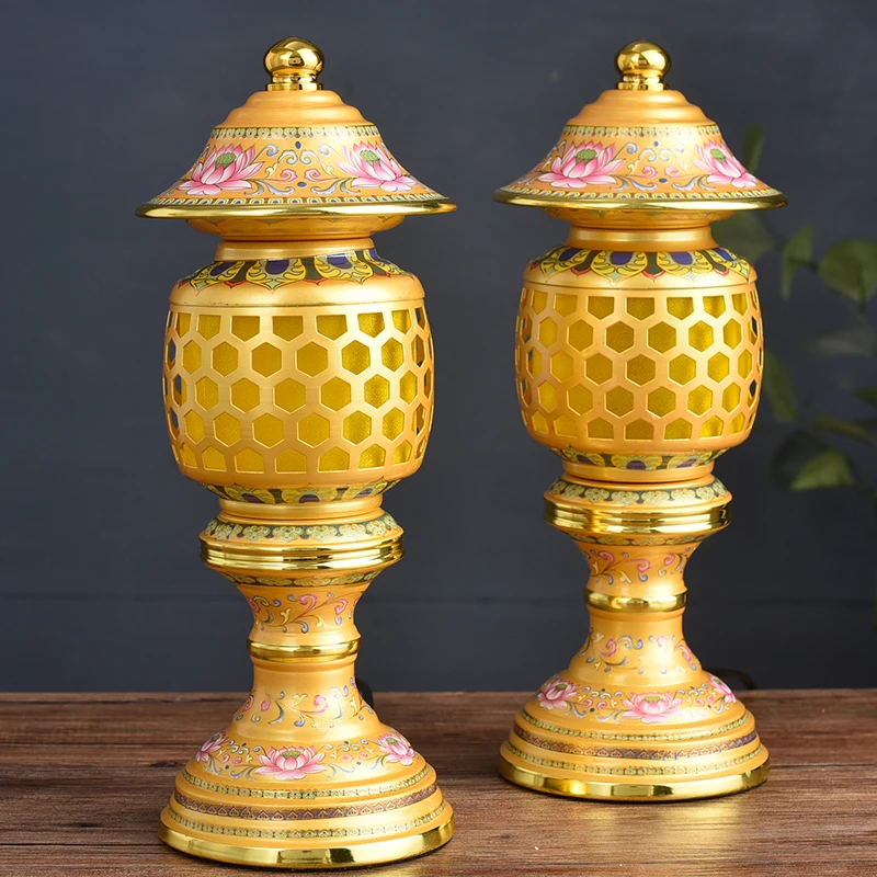 A PAIR 2pcs Buddhism high grade HOME Temple shrine enshrine worship bring wealth money good luck buddha God of wealth lamp 33cm