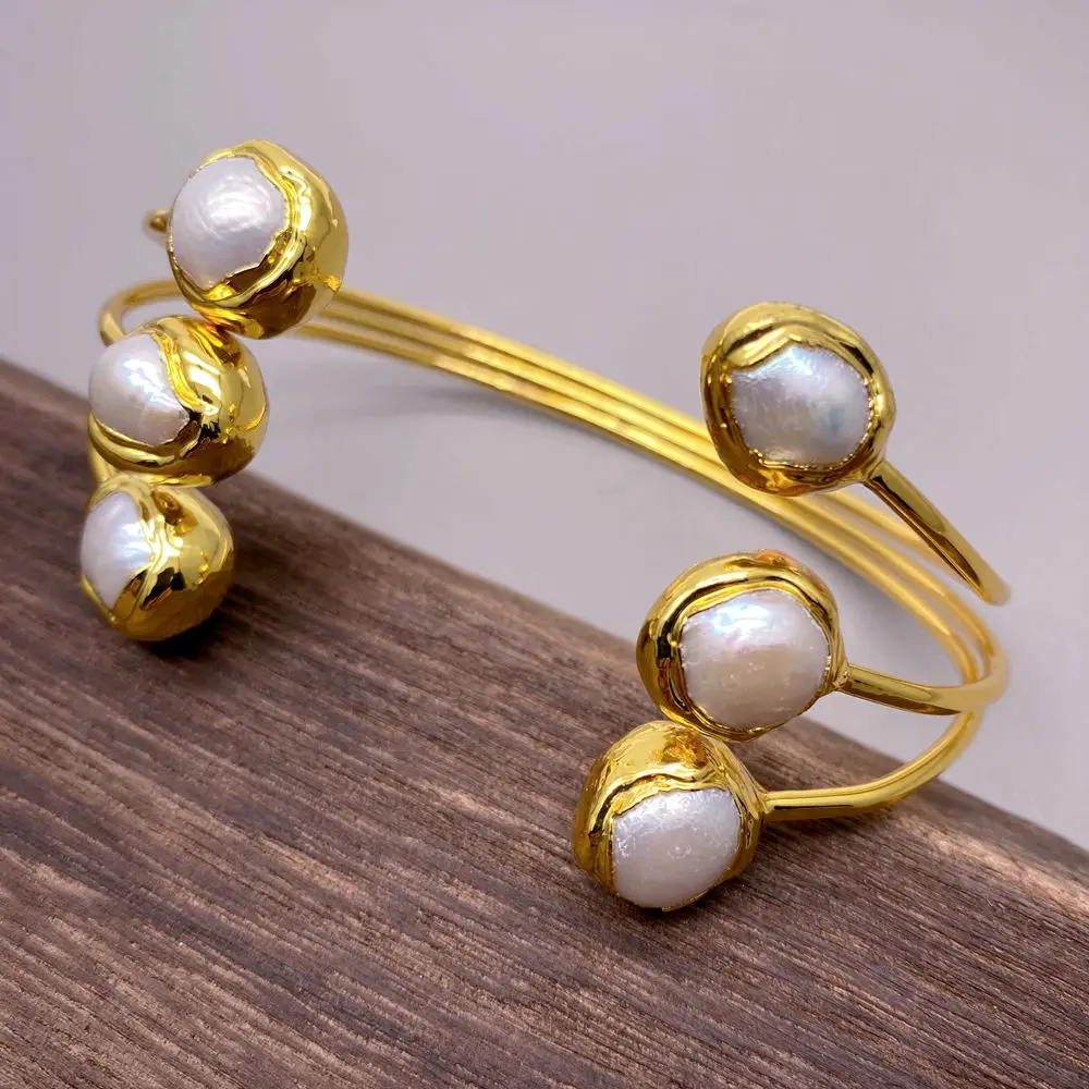 

KKGEM 14mm Cultured White Pearl Gold plated Bangle Cuff Bracelet Adjustable Women Jewelry Anniversary Gifts