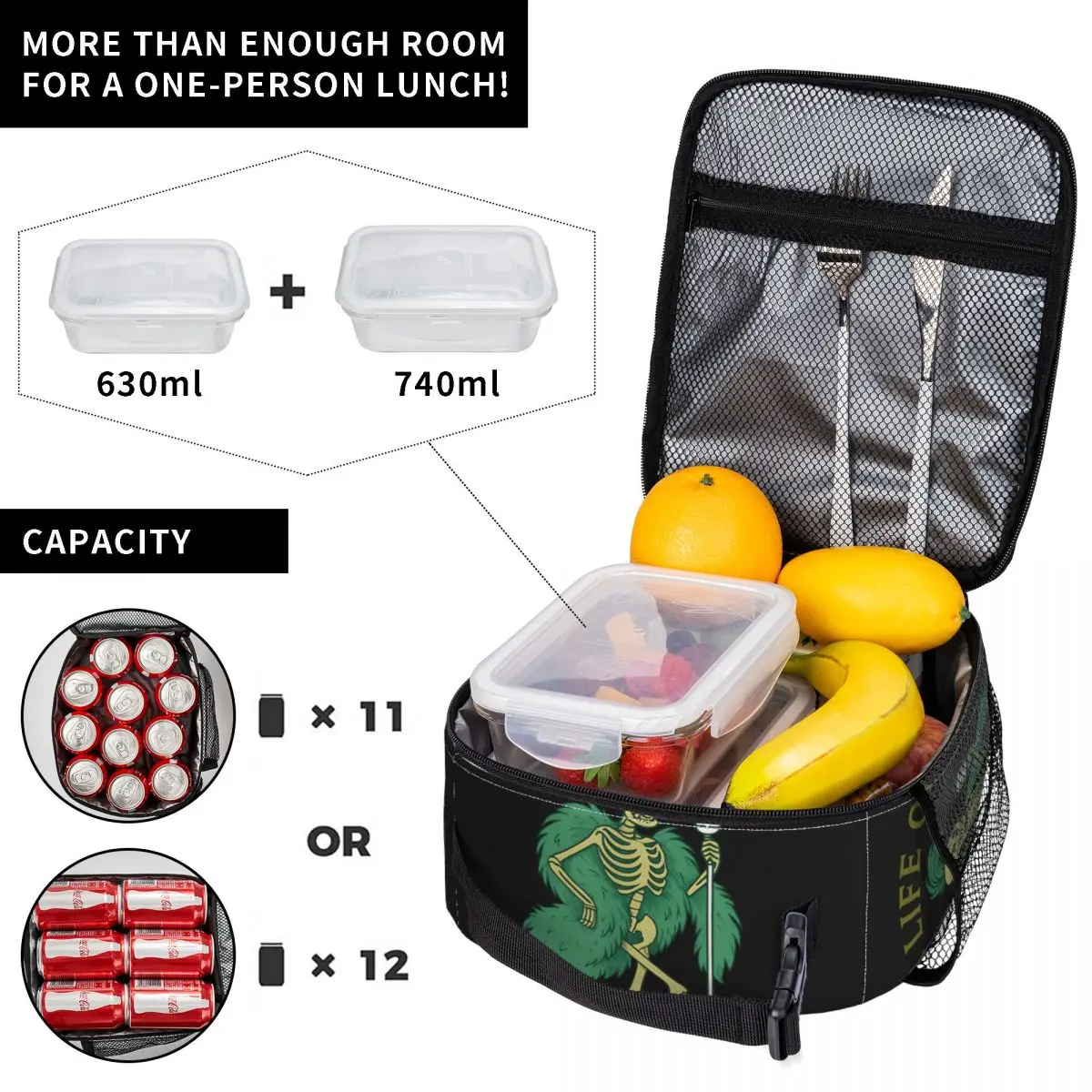 The Life Of A Showghoul Funny Halloween Skeleton Lunch Bag Fun Lunch Box For Men Office Portable Cooler Bag Print Tote Food Bags