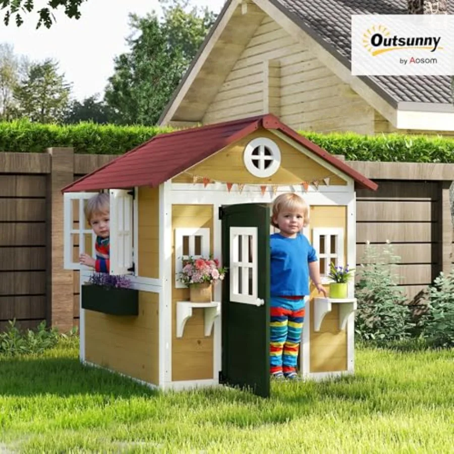 Outdoor Playhouse for Toddlers 3-8 with Dutch Door, Beige Wooden Cottage with Windows, Flower Holders and Storage Boxes, Backya