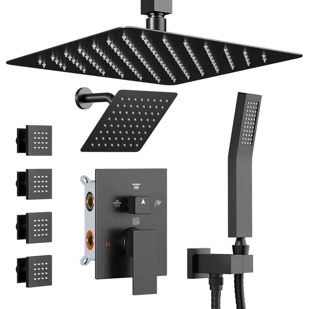 

4-Spray Jet System with 12+6 Rainfall Shower, Handheld Combo, Ceiling-Mounted Jets, Wall Faucet Set, Matte Black