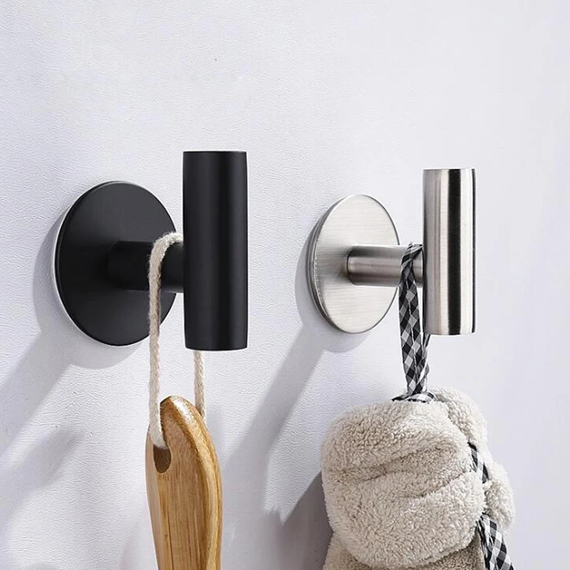 1Pcs Wall Hook Stainless Steel Clothes Hanging Hooks Matte Black Adhesive Key Towel Holder for Bathroom Kitchen