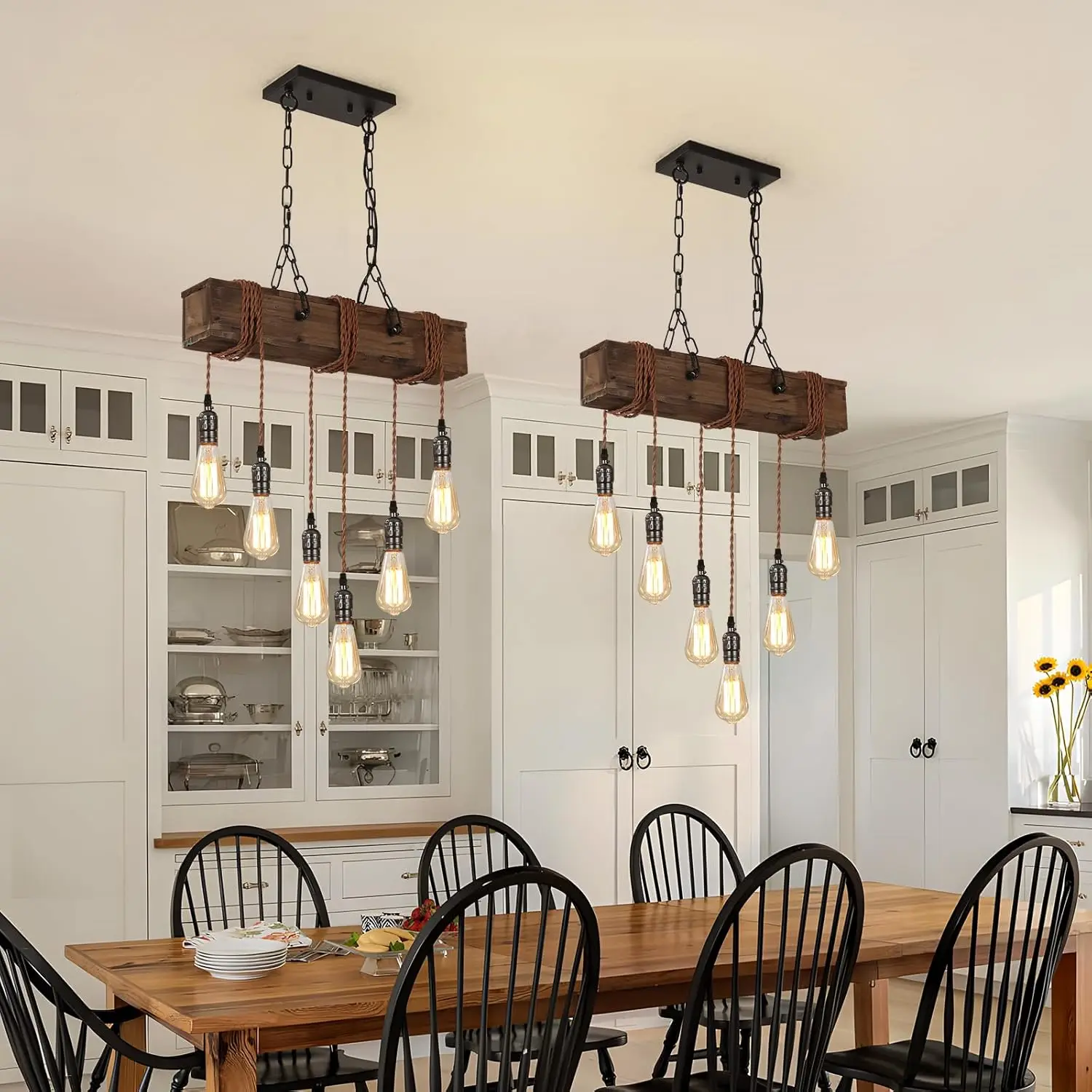 6-Light Farmhouse Chandelier - Rustic Wood Adjustable Pendant Light for Dining Room, Kitchen Island & Bar