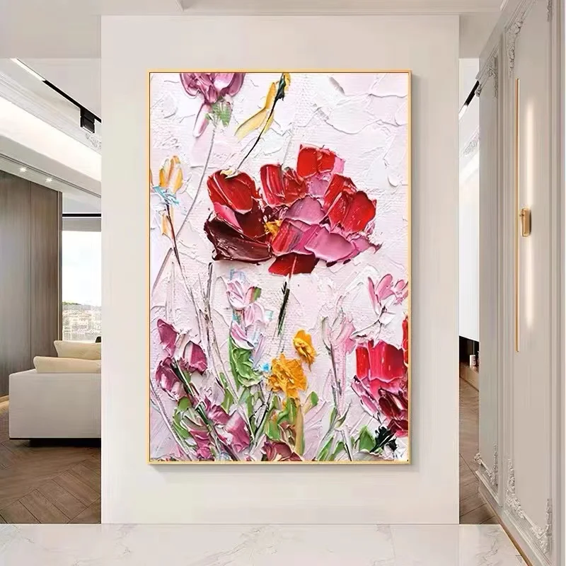 Hand Painted Thick Texture Floral Oil Painting| Vertical Red Rose Canvas Wall Art| Vibrant Modern Decor for Living Room Bedroom