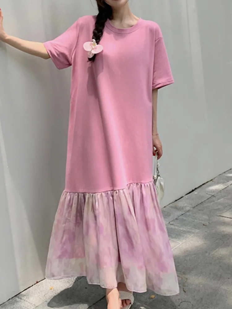 Plus Size Onregelmatige T-shirt Jurk Vrouwen Zomer Roze Tie-dye Mesh Korte Mouw Jurk Vrouw Losse Dames Jurken vestidos