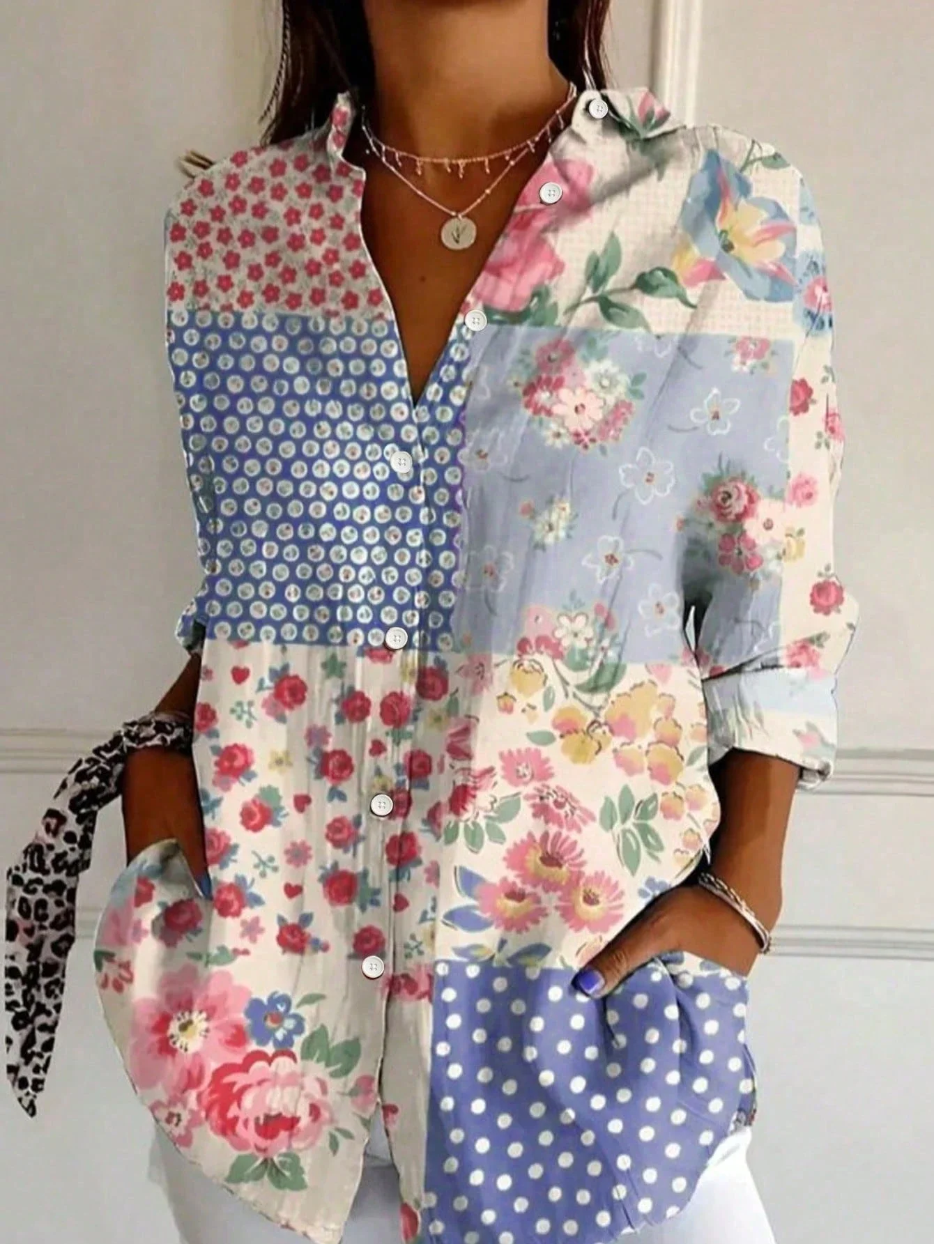 

Women's Patchwork Floral Print Long Sleeve Blouse Bohemian Casual Shirt Spring