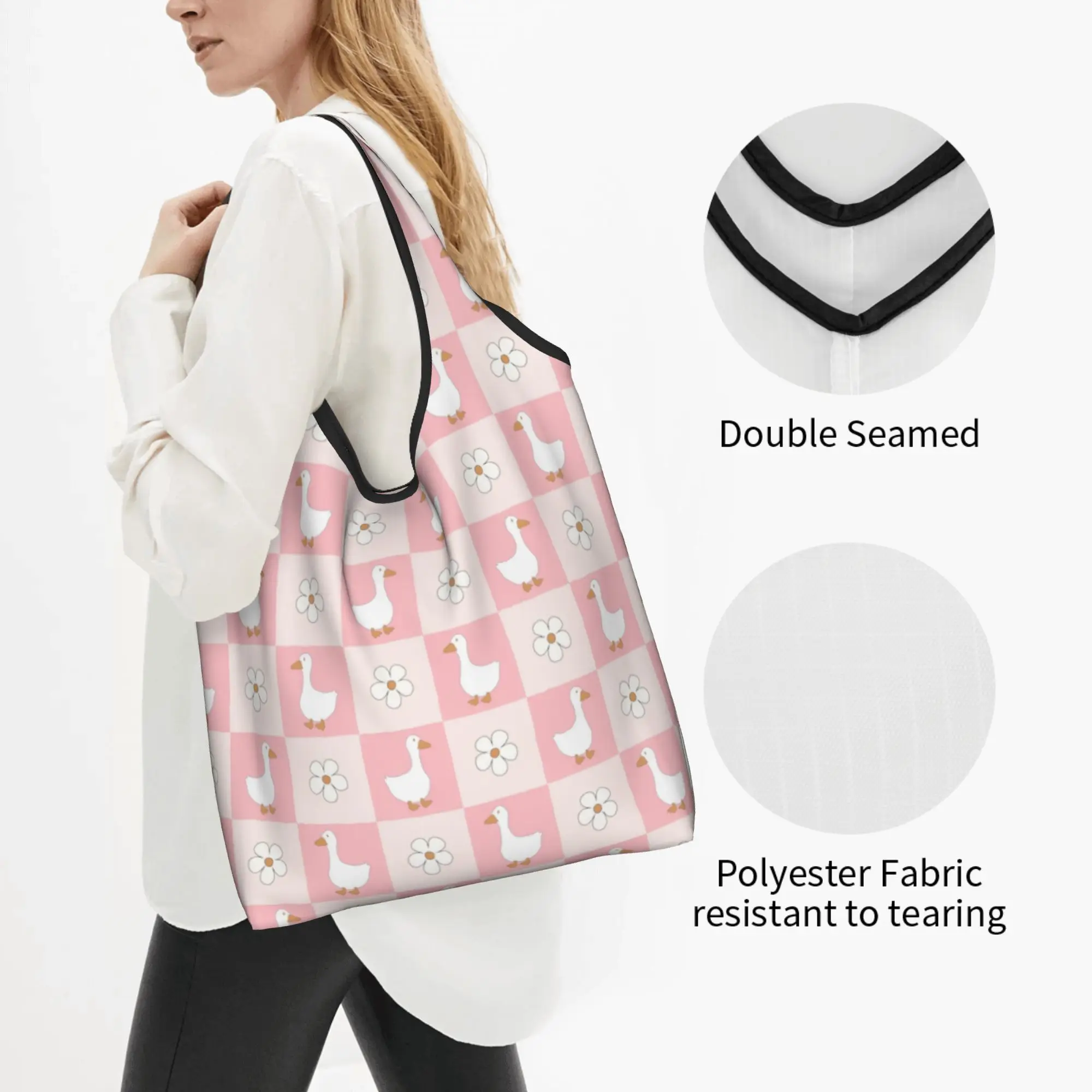 Color Checkered Plaid Cartoon Duck Groceries Shopping Bag Fashion Shopper Shoulder Tote Bag Large Capacity Portable  Handbag