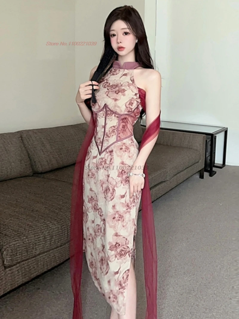 

2025 oriental nightclub dress improved cheongsam national flower print sleeveless qipao hollow out dress banquet evening dress