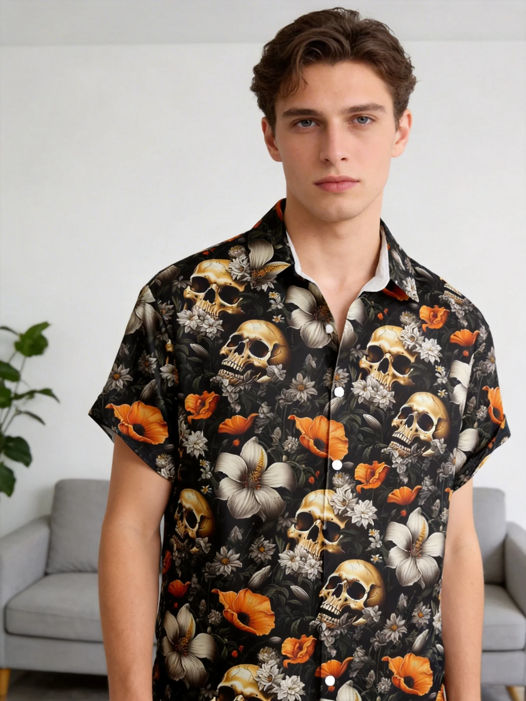 Antique Skull Wildflower All Over Pattern Unisex Short Sleeve Blouse Camp Collar Loose Punk Novelty Vacation Shirt