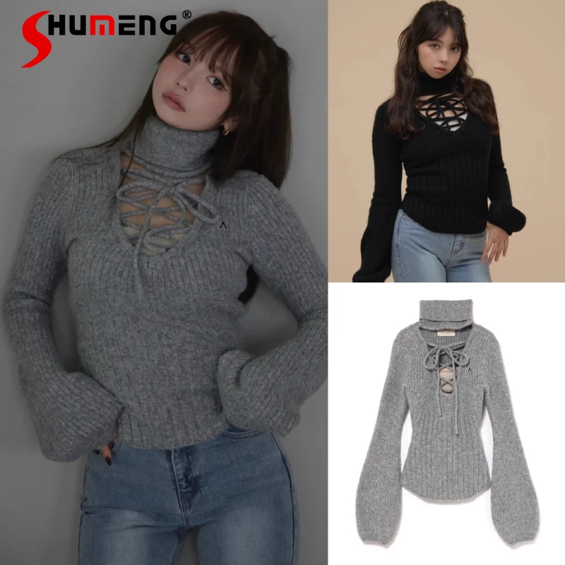 

Japanese Style Popular Design Long Sleeves Turtleneck Knitwear 2025 Autumn Winter New Hollow Out Tie Knitted Sweater For Ladies