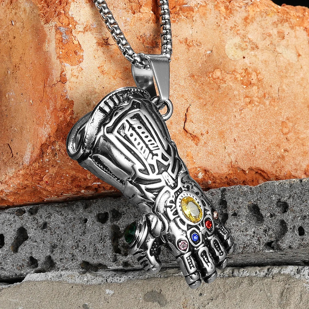 

Thanos Gloves Men Necklaces With Pendant Stainless Steel Gemstone Jewelry For Male Women Punk HipHop Accessories Gifts Wholesale