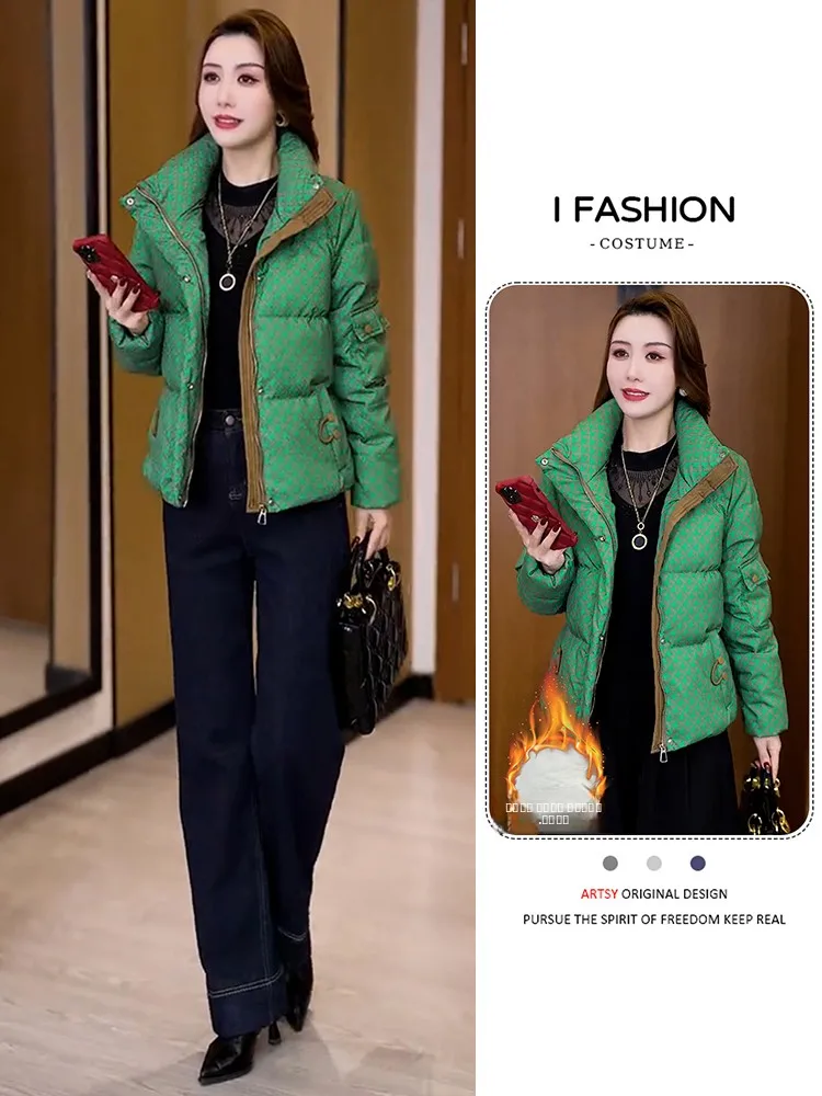 

Winter Thiened Women's Quilted Cotton Jaet Slim Fit Warm Padded Coat Korean Sle Commute Button Zipper Splice ort Length