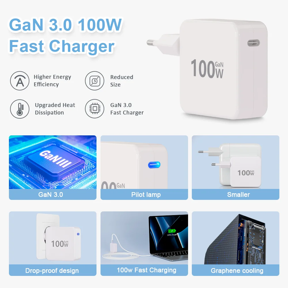 PD 3.0 100W Full-Power Fast Wall Charger Adapter Type-C Premium Quality UL Listed Adapter 20V 5A Industrial Power Supply