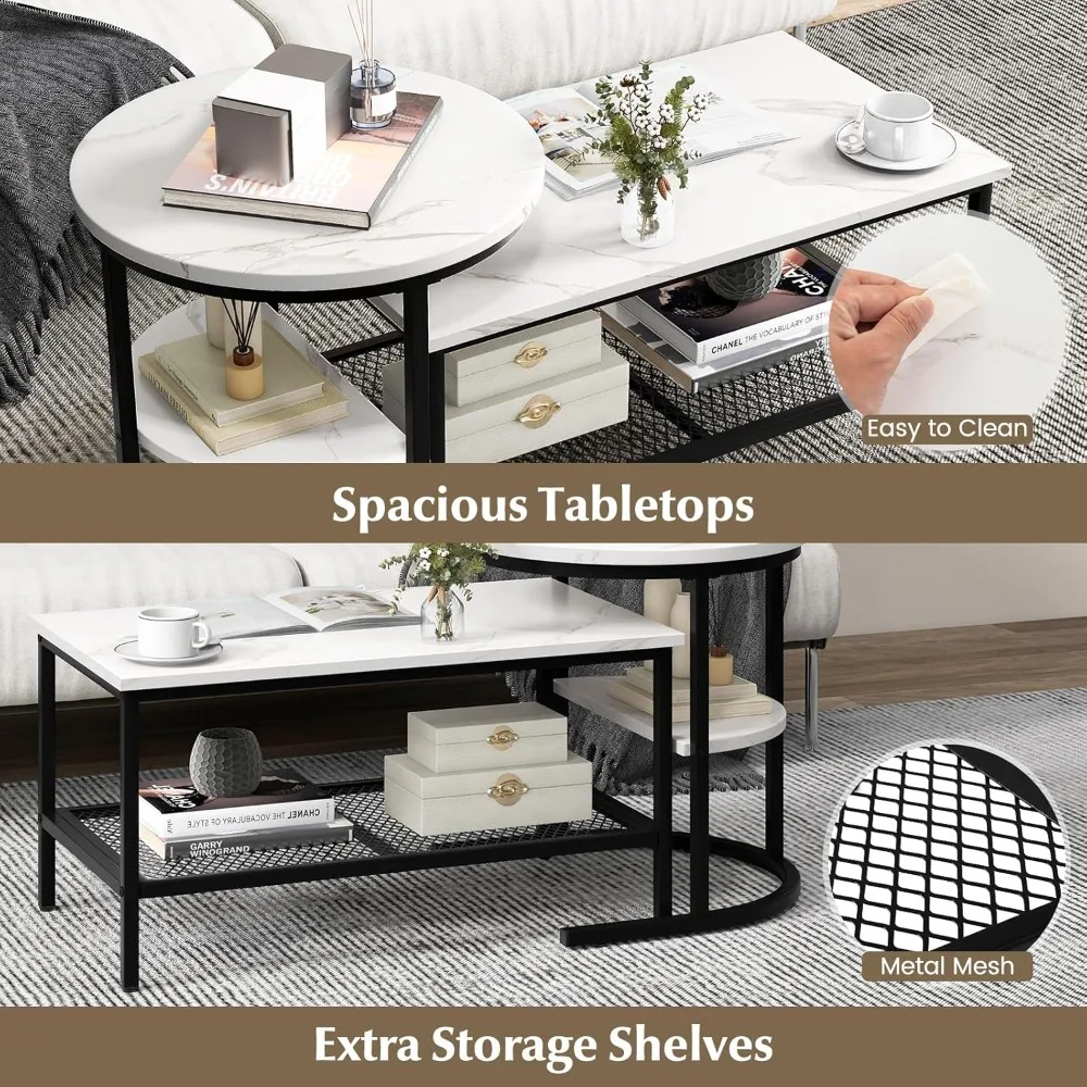 Modern Round Nesting Coffee Table Set with Faux Marble Tops and Storage Shelf, 2-Piece End Table Collection