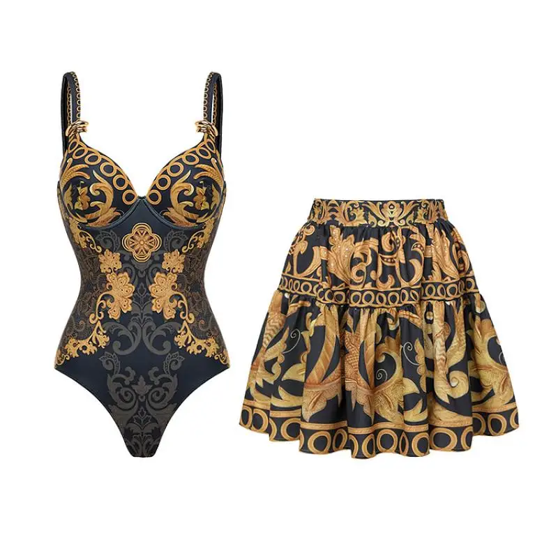 Women Summer One Piece Swimsuit and Skirt 2025 Flaxmaker Vintage Printed Party Swimwear Sets Femme Beachwear