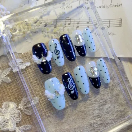 10PCS Y2K Press on Nails Black Light Blue False Nails with Music Note Polka Dot Wing Star Rhinestone Design Fake Nails for Women
