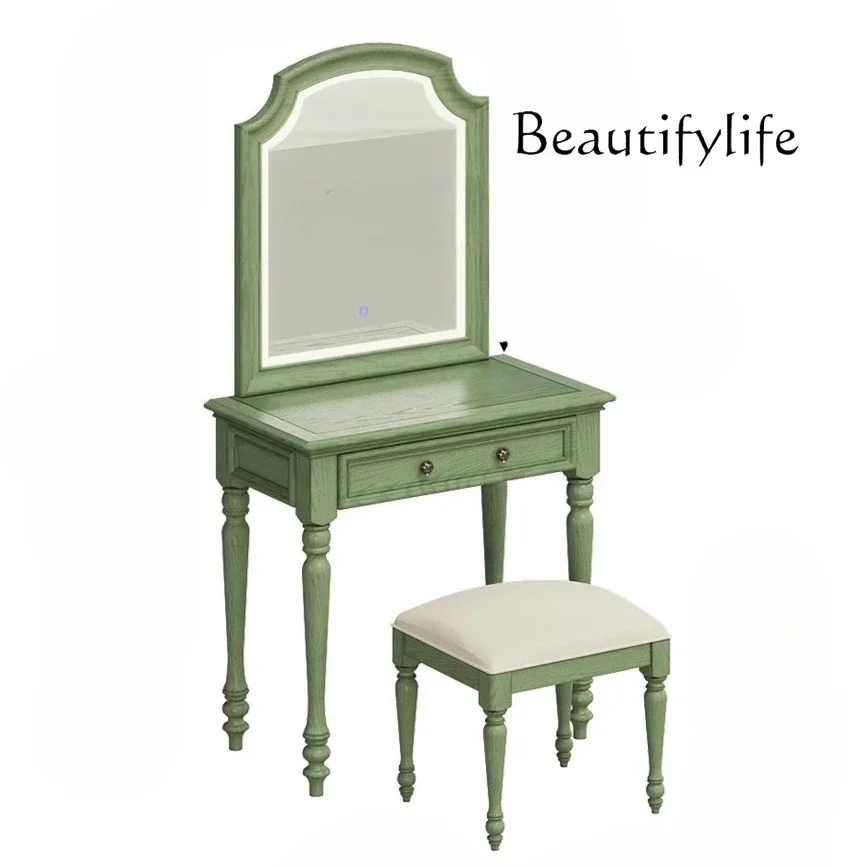 T10 American Solid Wood Dresser Storage Box Small Apartment Makeup Dressing Stool Mirror Bedroom Furniture With Lamp