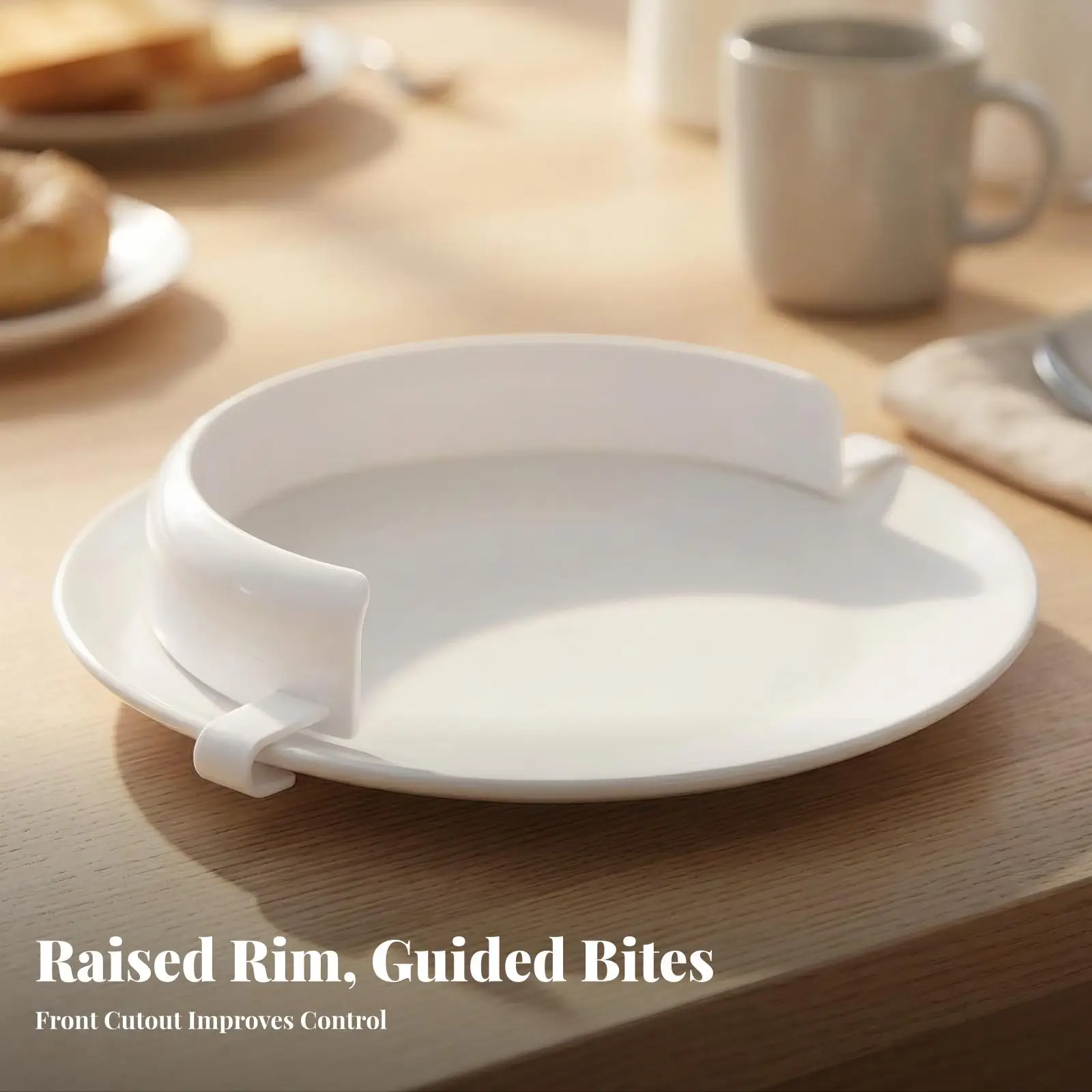 White Plastic Elderly Plate Surround with Attach Tabs for 9 to 12 Inch Dinnerware Food Barrier Dining Assistance Tool
