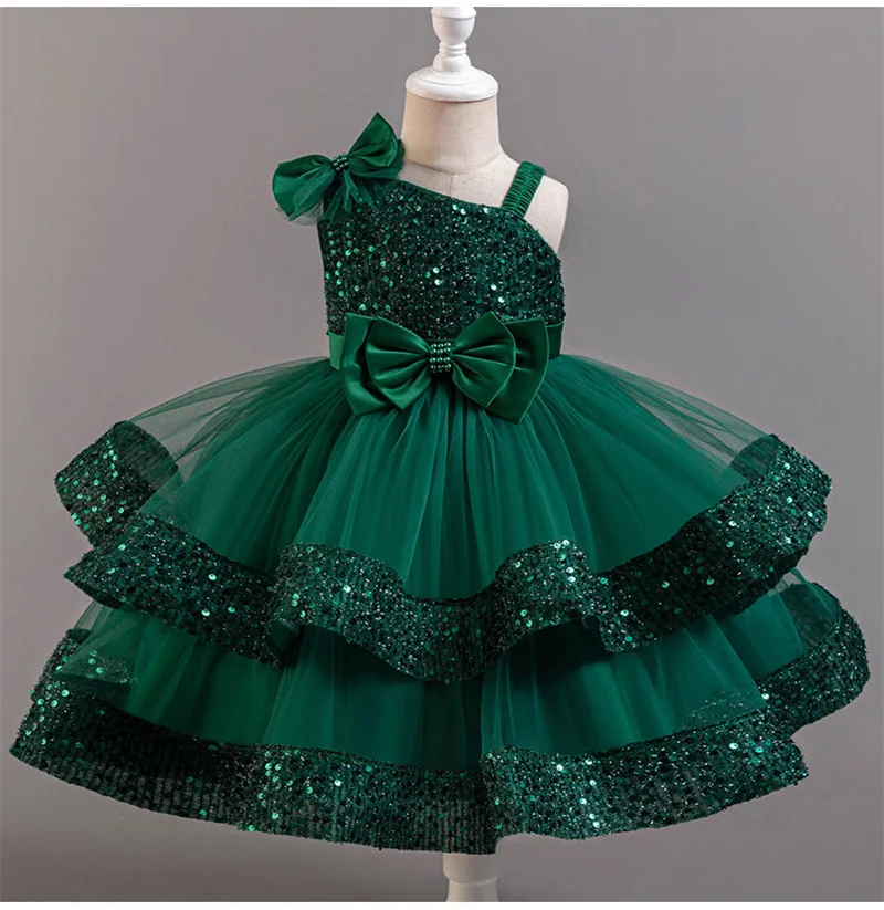 New Girl's Sequined Bow Dress Kids Irregular Collar Mesh Princess Dress Christmas Birthday Gown Ball Party Evening Dress 2-6Y