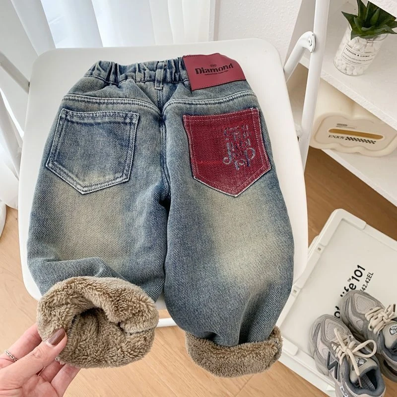 2026 Winter Kids Fleece Lined Jeans Baby Thick Warm Denim Pants Children Casual Trousers