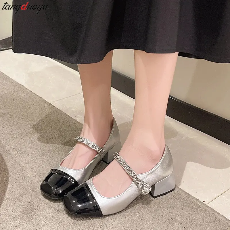 Fashion Pearl Chain High Heels Women Low-top Mary Jane shoes Women\'s Summer Comfortable Versatile Single Shoes Dress Party Pumps