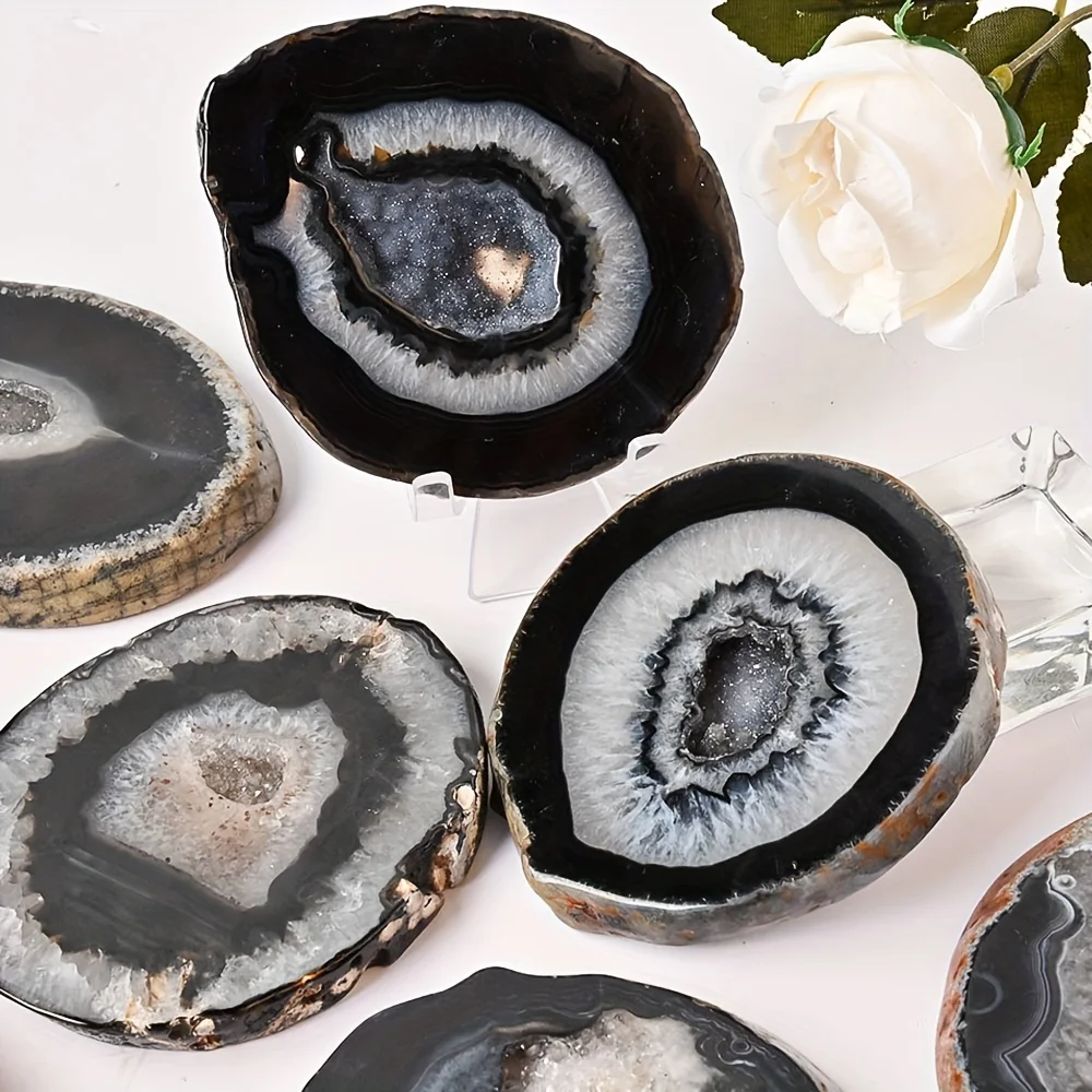 1pc Natural Black Agate Geode Slice Style Round Cut Crystal with Natural Inclusions Glossy Black Agate Gift for Home&Office view 6