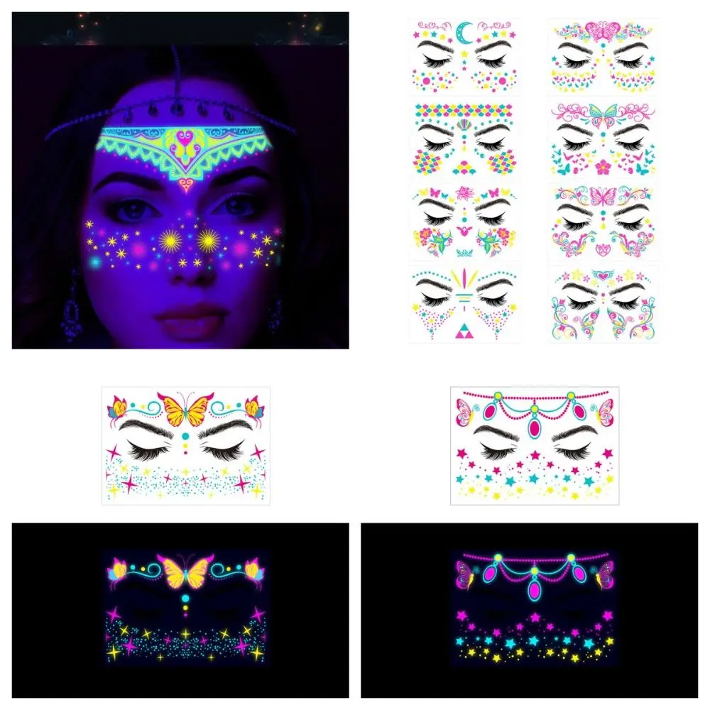 Pegatinas fluorescentes que brillan en la oscuridad, decoración luminosa para cara, pintura corporal, tatuajes brillantes, mascarada, novedad