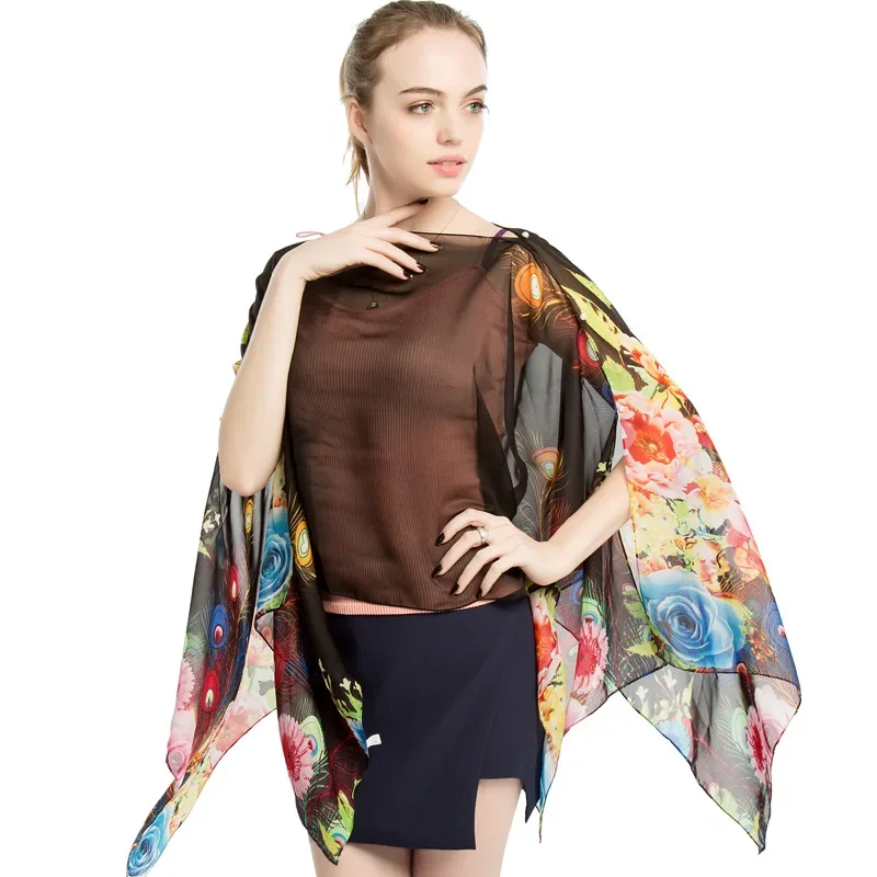 

2024 New Summer Women Sunshade Printed Silk Scarf Creative Pearl Buckle Pullover Chiffon Shirt Sunscreen Shawl Black
