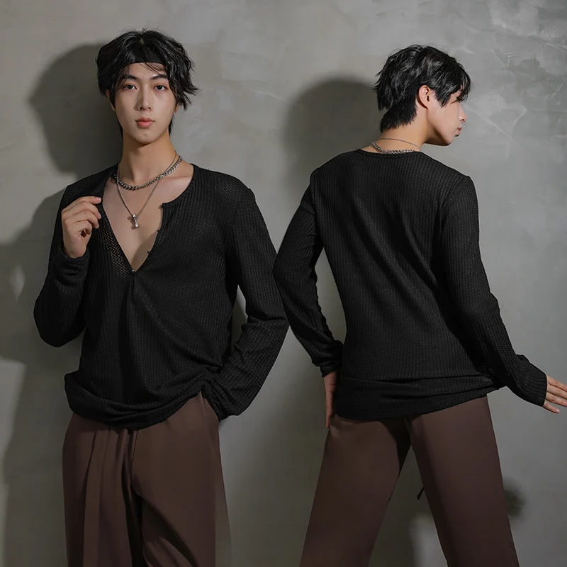 Latin Dance Tops Men Long Sleeves Loose Practice Wear V Neck Black/White/Brown/Grey T Shirt Rumba Cha Cha Dance Clothes BL9019