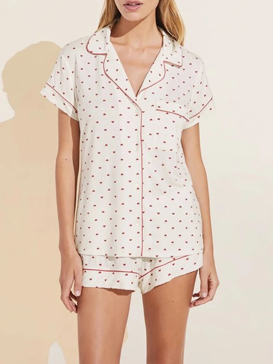 Conjunto de pijamas estampado com coração feminino, roupas loungewear, camisas soltas de manga curta, tops e shorts, roupas de dormir, 2 peças