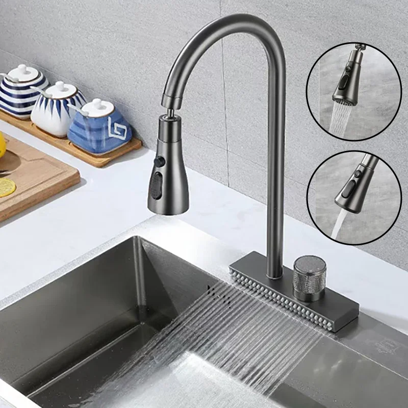 

Waterfall Sink Pull Type Kitchen Faucet Hot Cold Mixer Vegetable Wash Tap Basin Multiple Water Outlets Rotation Flying Rain Tap