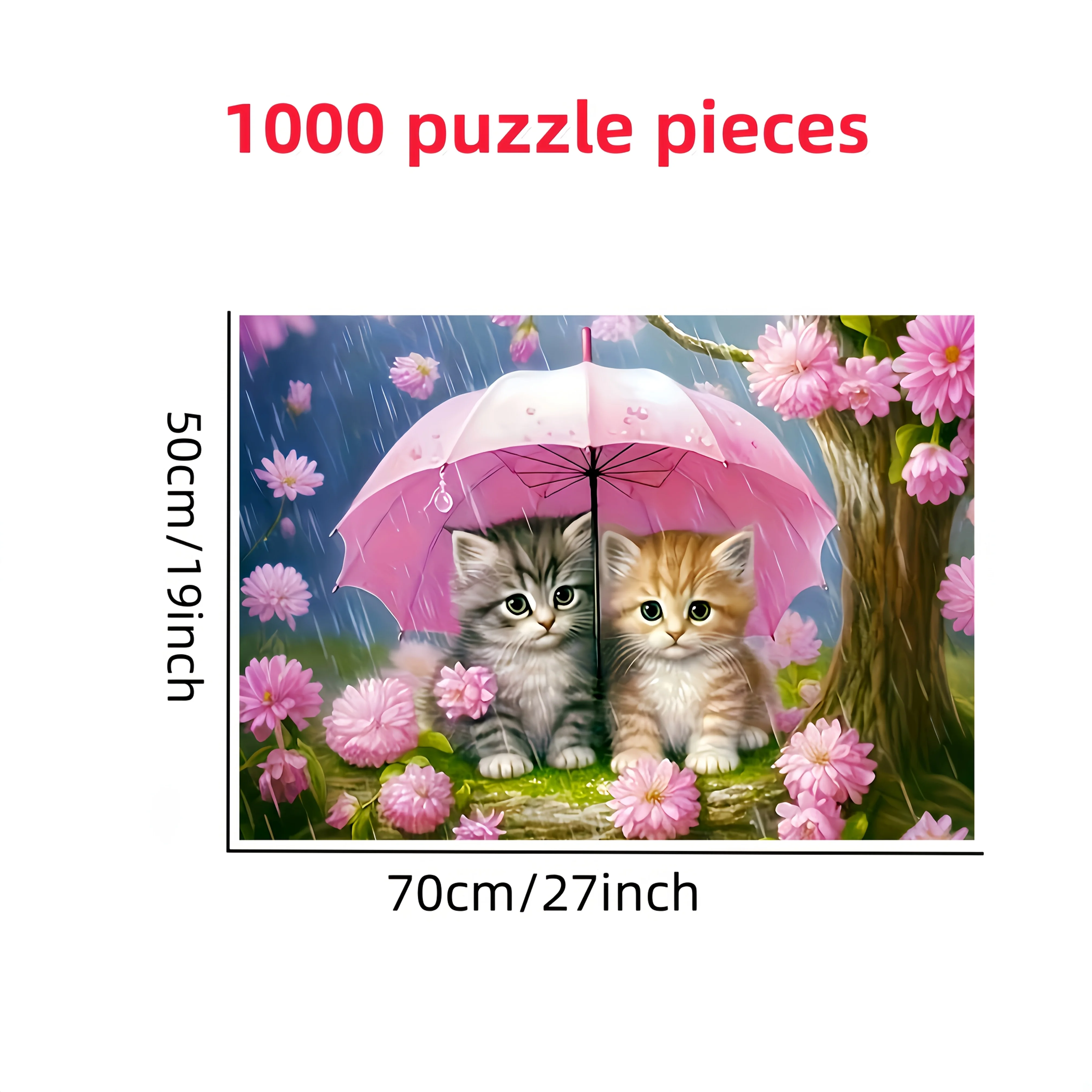 1000 stuks dikke kartonnen puzzel geschikt voor volwassenen - schattige kittens onder paraplu met basis en veelkleurige katten, draagbaar