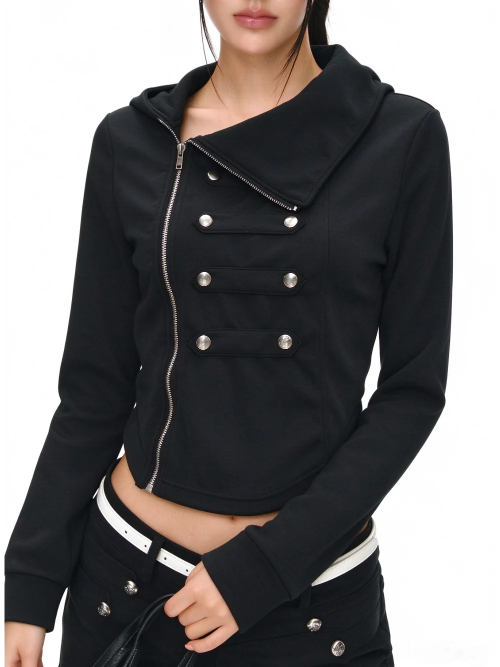 New autumn retro punk goth short motorcycle jacket top asymmetric zipper lapel street casual niche trend short jacket spicy girl