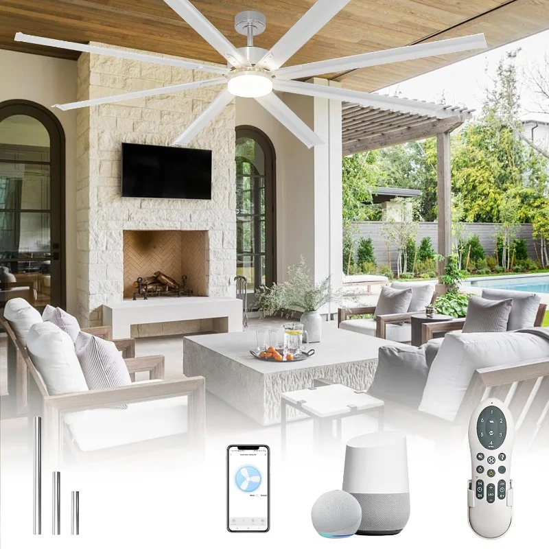 

84 Inch Large Smart Ceiling Fans with Lights, Outdoor Ceiling Fan with 8 Reversible Aluminum Blades, Control by Alexa Remote APP