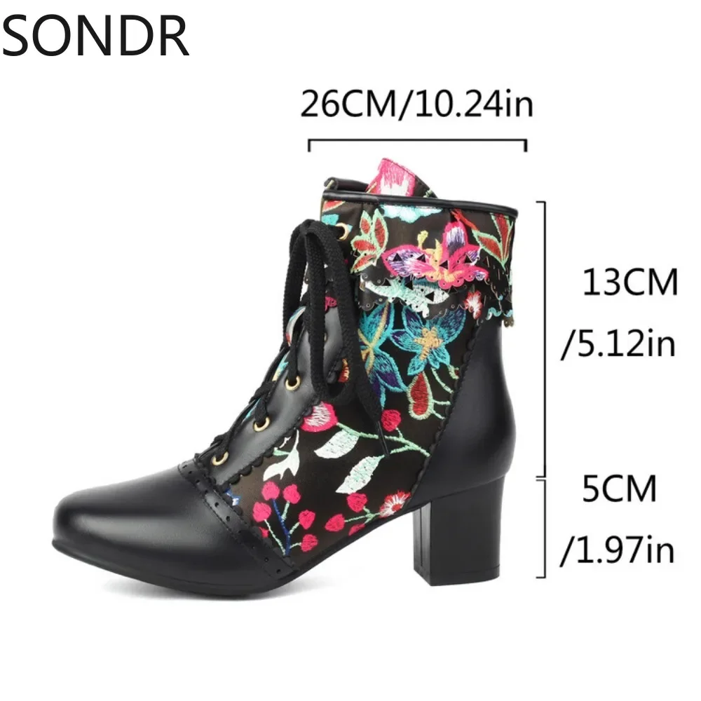 Womens Ethnic Embroidery Victorian Ankle Boots Floral Block Heel Lace Up Shoes Warm Winter Plus Big Size 46 47 48