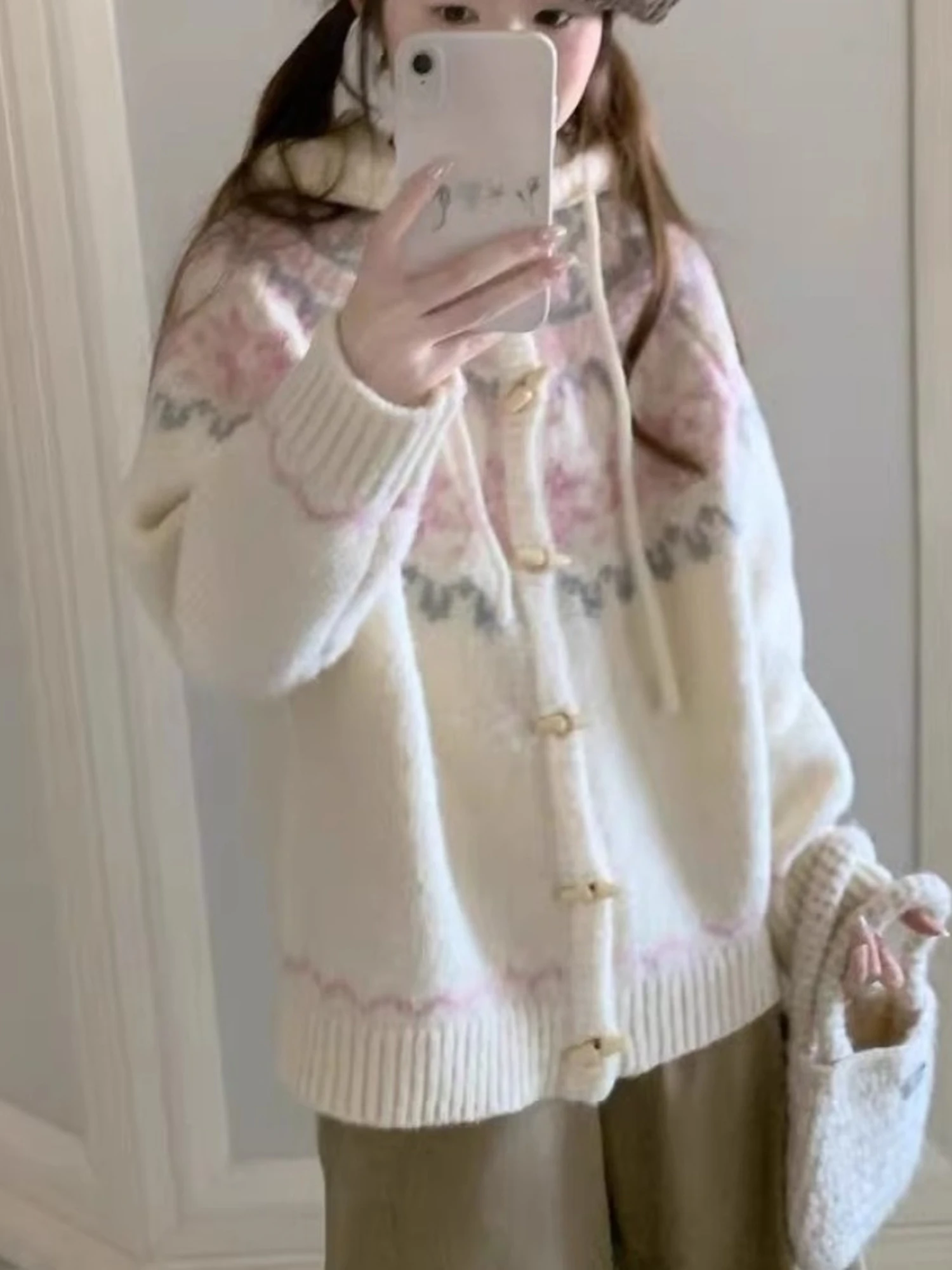 Sweet Style Knitted Hat Coat Button Women's Autumn Winter Small Size Lazy Soft Cozy Sweater Jacket Floral Print Casual Street...
