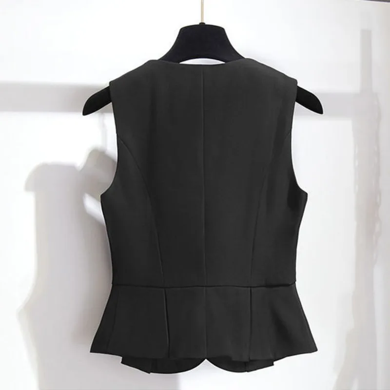 #0733 Black Blue Short Blazer Vest Women V-neck Slim Office Elegant Split Joint Sleeveless Vest Waistcoat Ladies Double Breasted