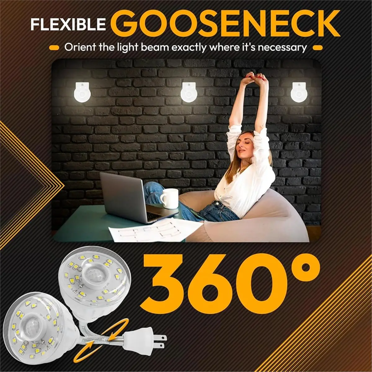B17BBG LED Motion-Activated Directional Rotating Flexible Sensor Night Light AC Outlet Plug-in Wall Stair Lamp US Plug