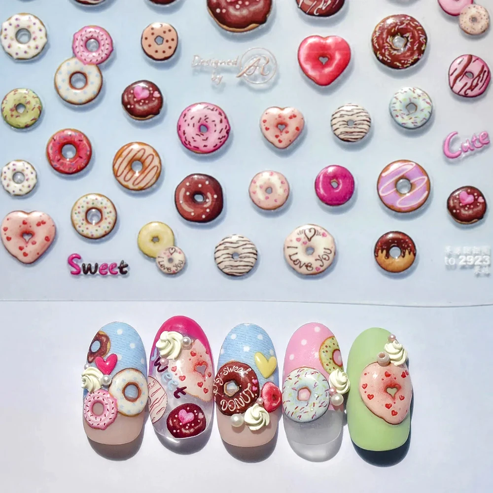 Coloreful Sweet Candy Jelly Doughnut Lollipop Strawberry Fruit Cute Love Heart Embossed Relief Nail Art Stickers Manicure Decals