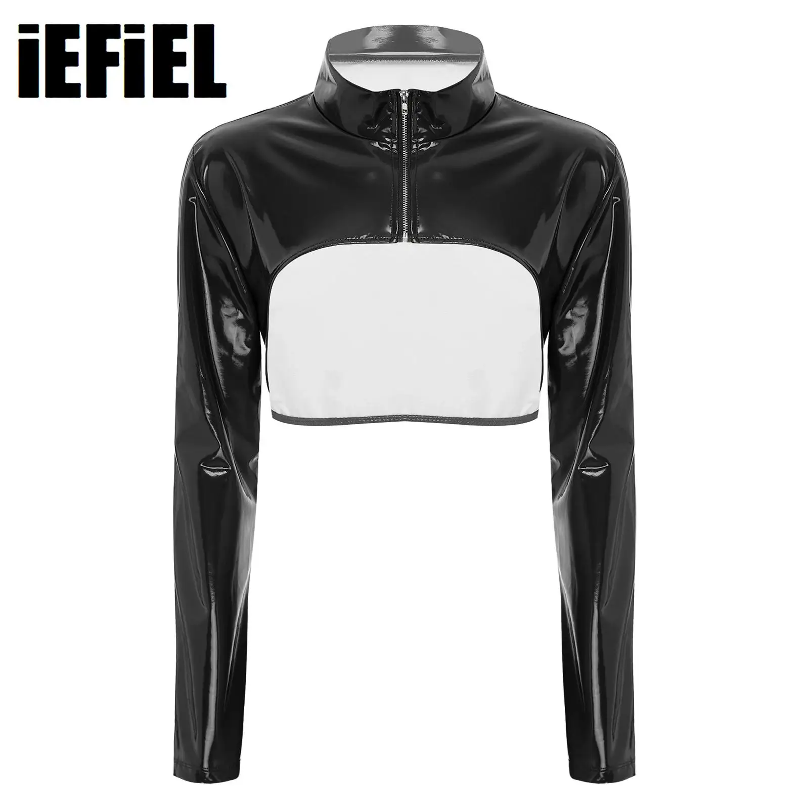 

Patent Leather Crop Top for Women Glossy Stand Collar Long Sleeve Front Zipper Arm Sleeve Shrug Slim Top Stylish Clubwear