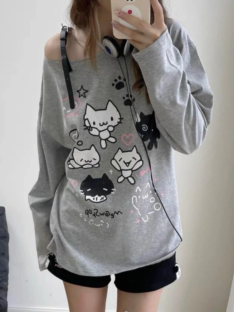 Houzhou Y 2K Harajuku Cuteore Hoodies Vrouwen Japanse Stijl Kawaii Zoete Bandage Cartoon Print Oversized Sweatshirt Zacht Meisje 2024