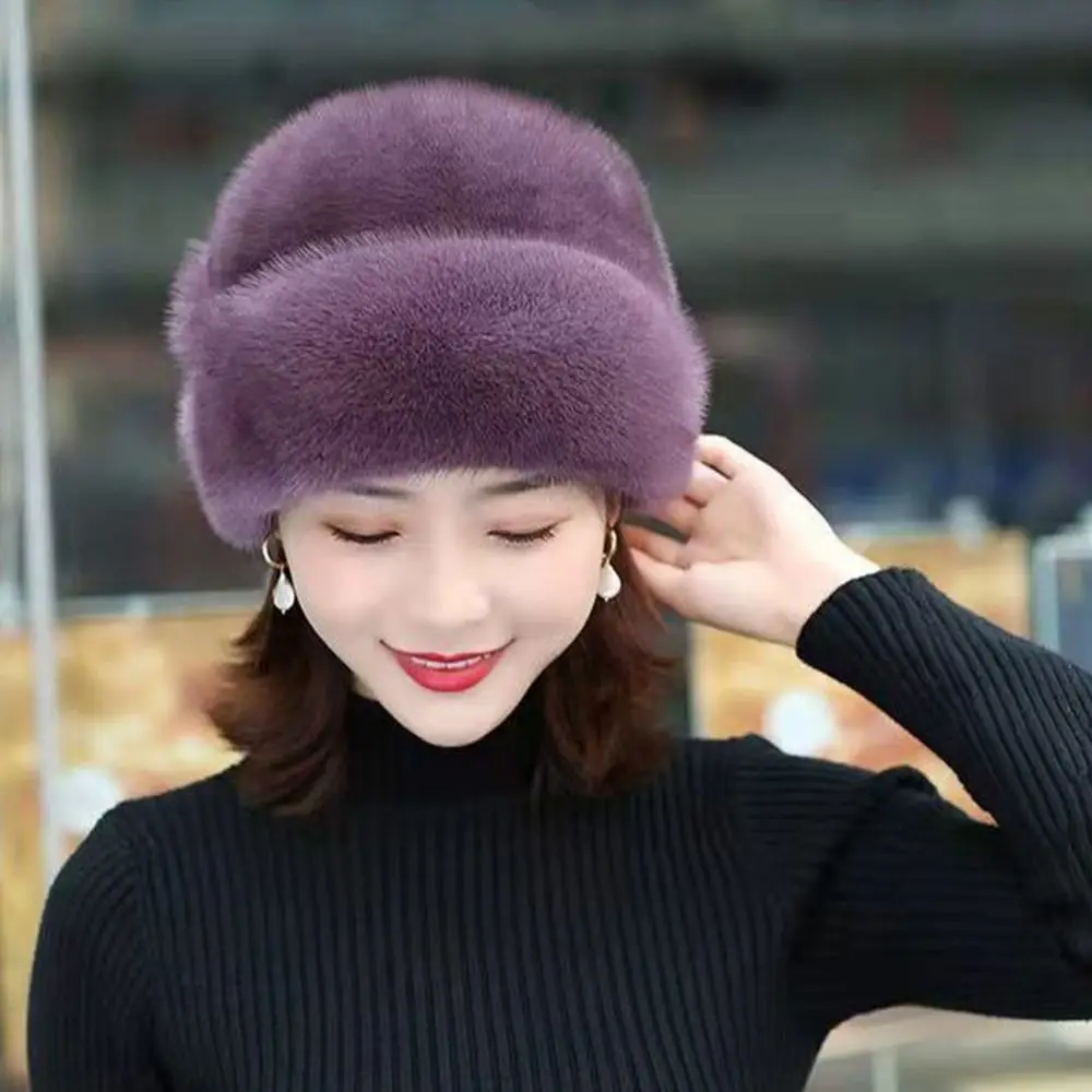 Solid Color Faux Rabbit Fur Winter Hat Flower Decor Keep Warm Middle-aged Cap Thickened Bucket Hats Women